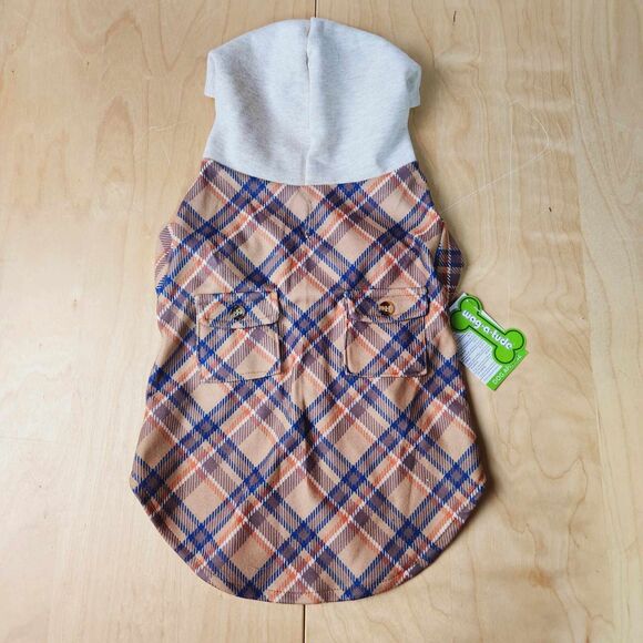 Wag-a-Tude Dog Flannel Hoodie Size M Brown Blue Plaid Shirt Pockets Warm NEW - Picture 5 of 5